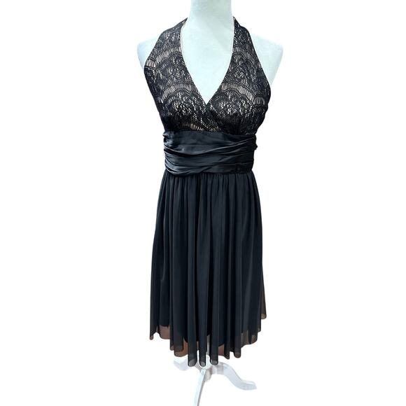 Holiday Party Dress Halter Midi Formal Evening Lace Overlay Black 8 Maggie Londn - Picture 1 of 12